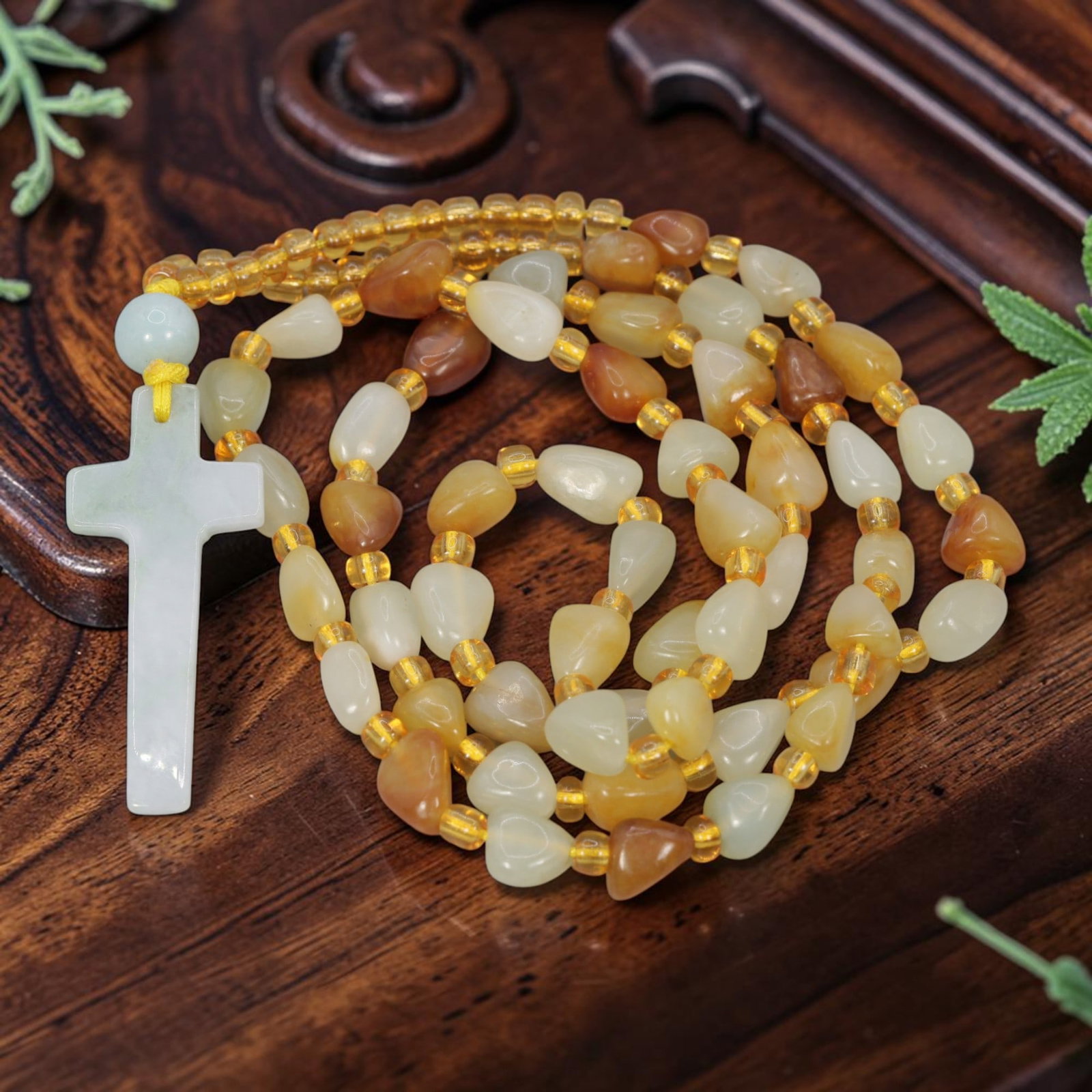 Natural Xinjiang Hetian Jade Necklace - Chinese Jade Cross Pendant, 74YJ: This necklace features a natural jade cross pendant paired with matching Xinjiang Hetian jade pebble beads, accented with translucent yellow spacer beads and a light blue accent bead. The pendant is c