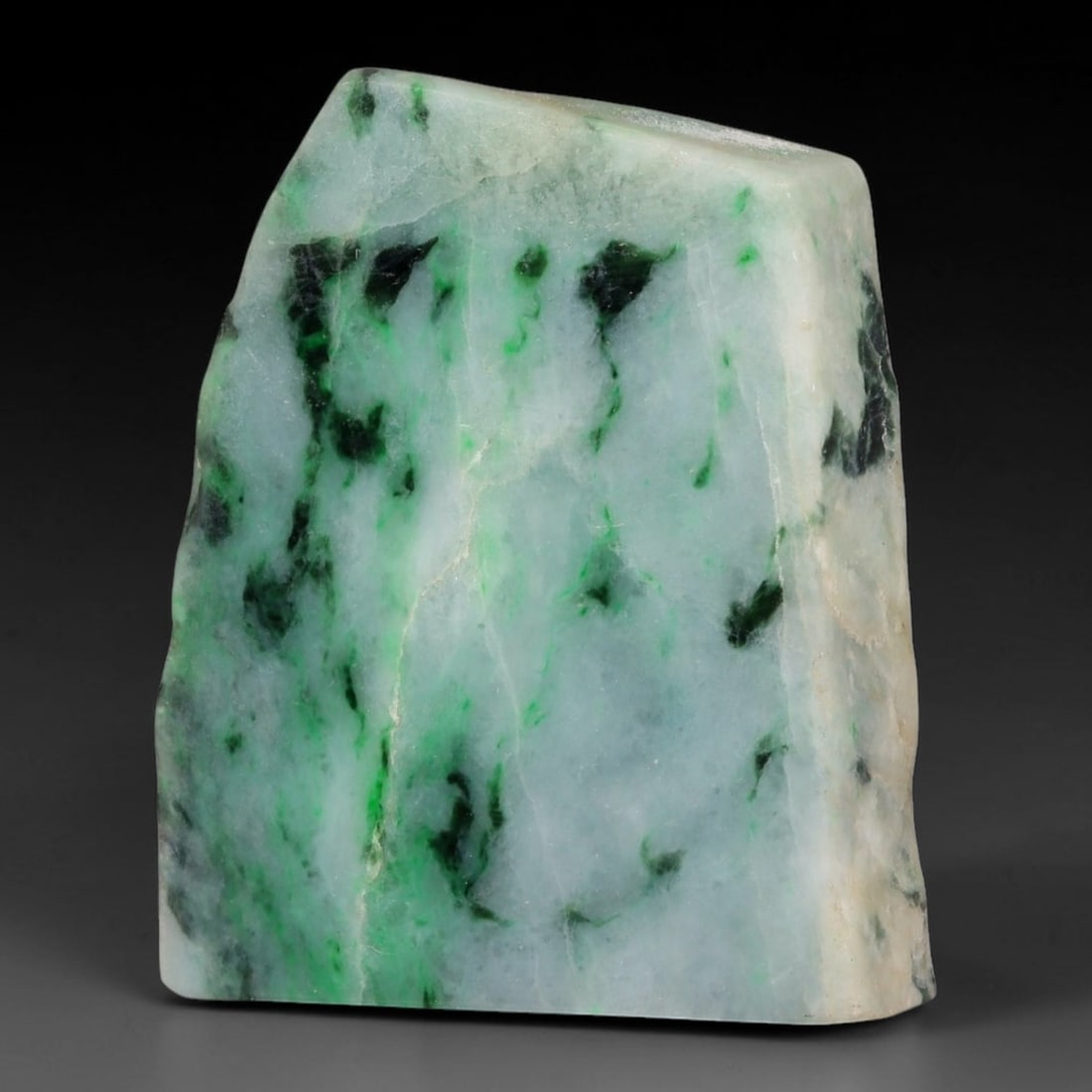 232ct Natural Type A Burmese Jadeite Jade Sliced Rough, 21YK: This specimen is a sliced rough block of natural Type A Burmese jadeite jade. The interior displays natural colour zoning with visible mineral veining and crystalline patterns typical of unprocessed j