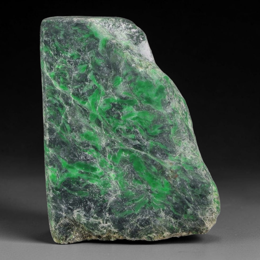 120ct Natural Type A Burmese Jadeite Jade Sliced Rough, 51YK: This specimen is a sliced rough block of natural Type A Burmese jadeite jade. The interior displays natural colour zoning with visible mineral veining and crystalline patterns typical of unprocessed j