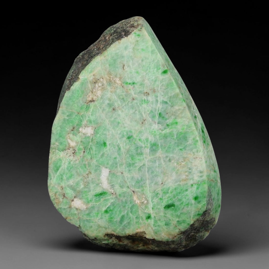 420ct Natural Type A Burmese Jadeite Jade Sliced Rough, 95YN: This specimen is a sliced rough block of natural Type A Burmese jadeite jade. The interior displays natural colour zoning with visible mineral veining and crystalline patterns typical of unprocessed j