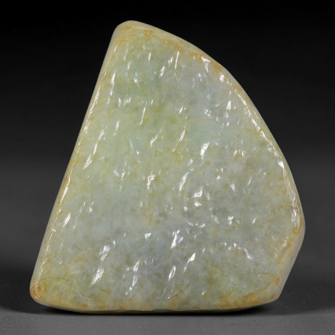 265ct Natural Type A Burmese Jadeite Jade Polished Sliced Rough, 37YN: This specimen is a sliced rough block of natural Type A Burmese jadeite jade. The interior displays natural colour zoning with visible mineral veining and crystalline patterns typical of unprocessed j