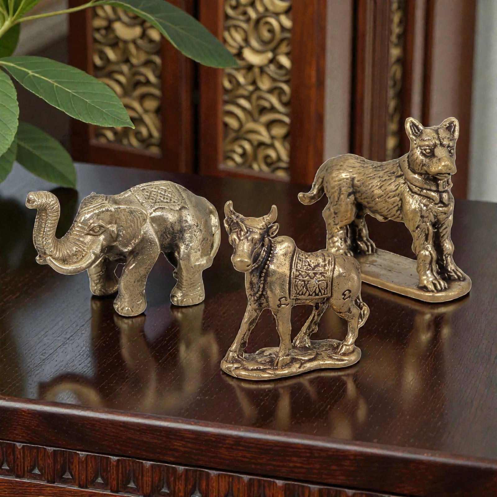 Thai Vintage Copper Alloy Sacred Animal Devotional Figures - 3pcs Set, 86ZB: This set of three devotional figures is crafted from copper alloy, exhibiting a warm golden patina and subtle surface wear consistent with vintage Thai folk religious objects. The pieces depict styliz