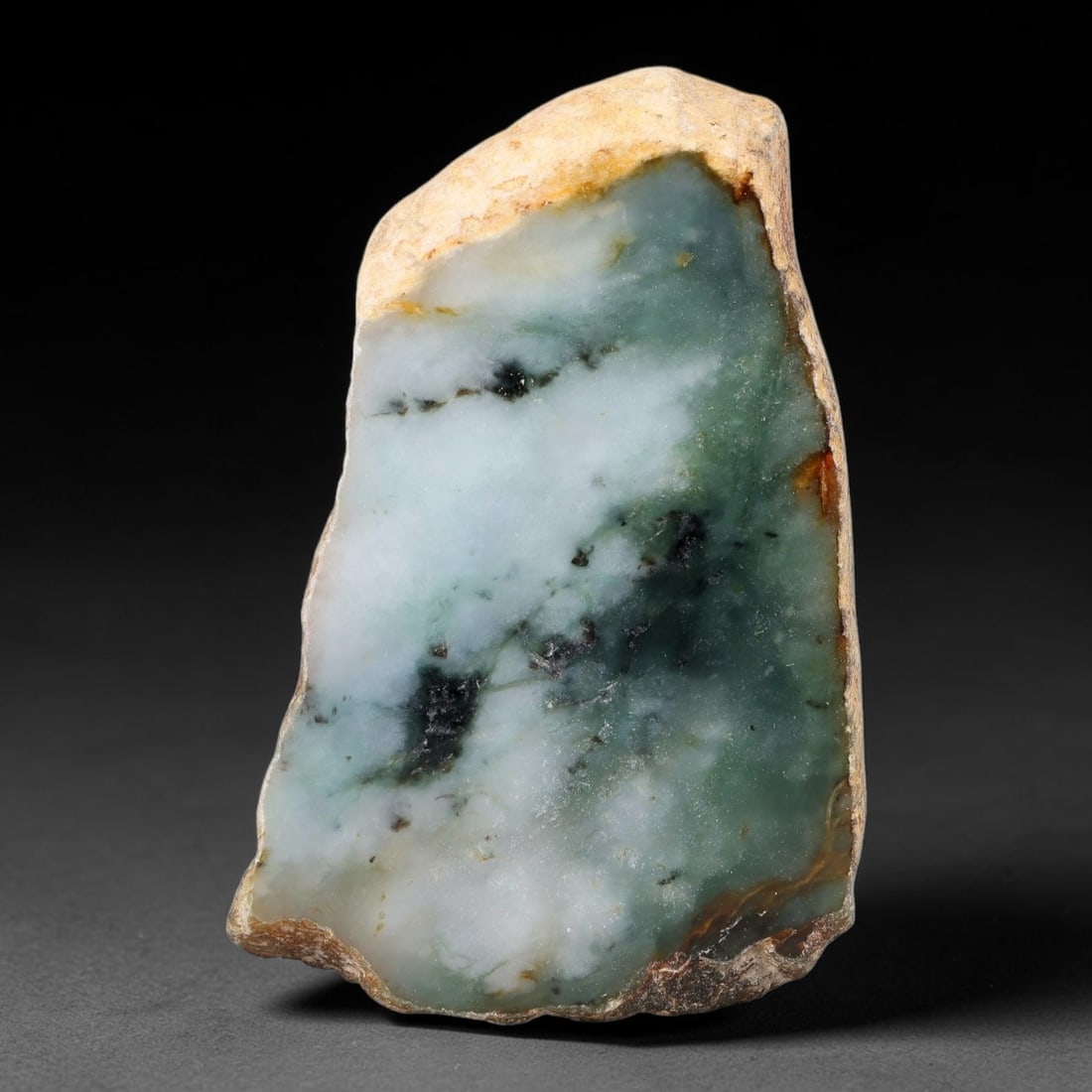 445ct Natural Type A Burmese Moss Green Cloudy Jadeite Jade Sliced Rough, 58YN: This specimen is a natural sliced rough block of untreated Type A Burmese jadeite, retaining weathered tan-brown outer rind along all outer edges with a polished cut face displaying translucent muted 