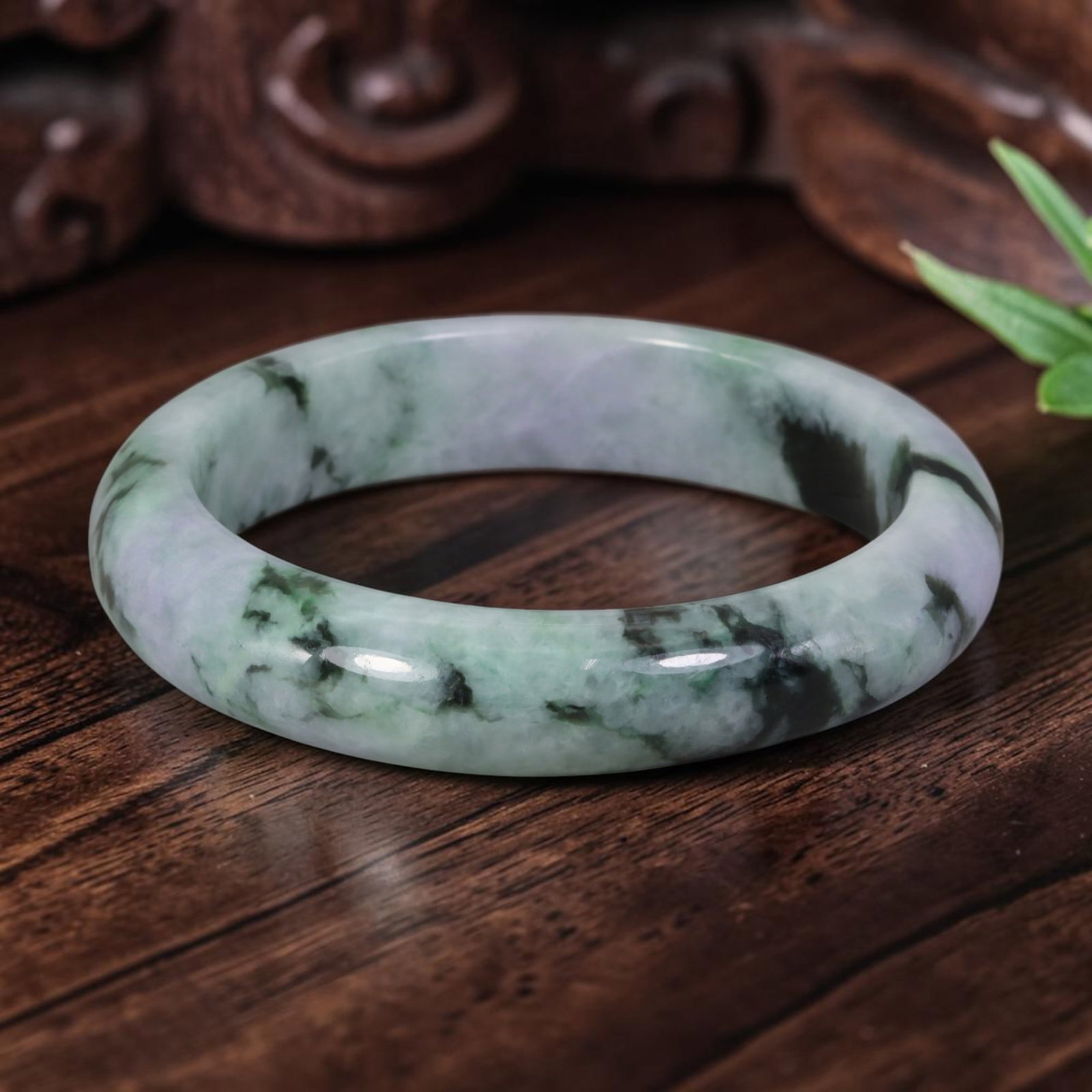 Natural Burmese Type A Lavender & Dark Green Jadeite Jade Bangle Bracelet, 8YM: Crafted from natural Burmese Type A jadeite jade, this bangle features dramatic ink-dark green mottling swirling across a pale lavender translucent base, forming a vivid ink-wash Moss in Snow pattern.