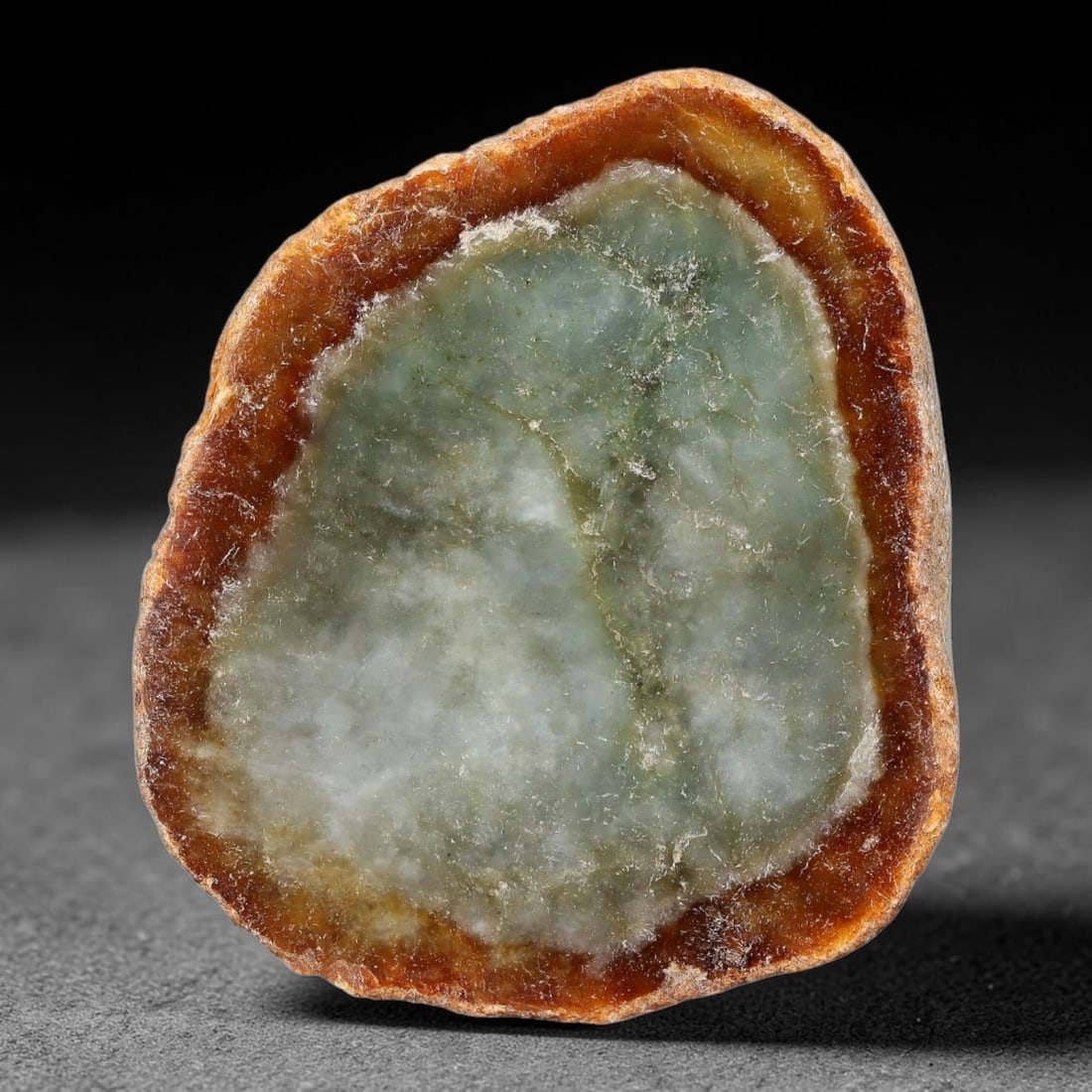 390ct Natural Type A Burmese Red Rind Teal Jadeite Jade Sliced Rough, 57YN: This specimen is a natural split rough stone of untreated Type A Burmese jadeite, retaining complete natural brown-red weathered outer skin on the uncut reverse side, while its polished cut face featu