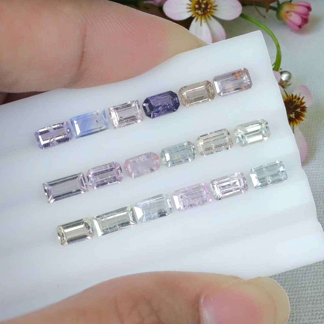 5.28 Carats Natural Multicolor Pastel Emerald Cut Sapphire Parcel - Heated Loose Gems, 21YH: This thoughtfully selected sapphire parcel features matching emerald step cuts showcasing an elegant mixed palette, including soft sky blue, vivid violet purple, pale lavender pink, and transparent ne