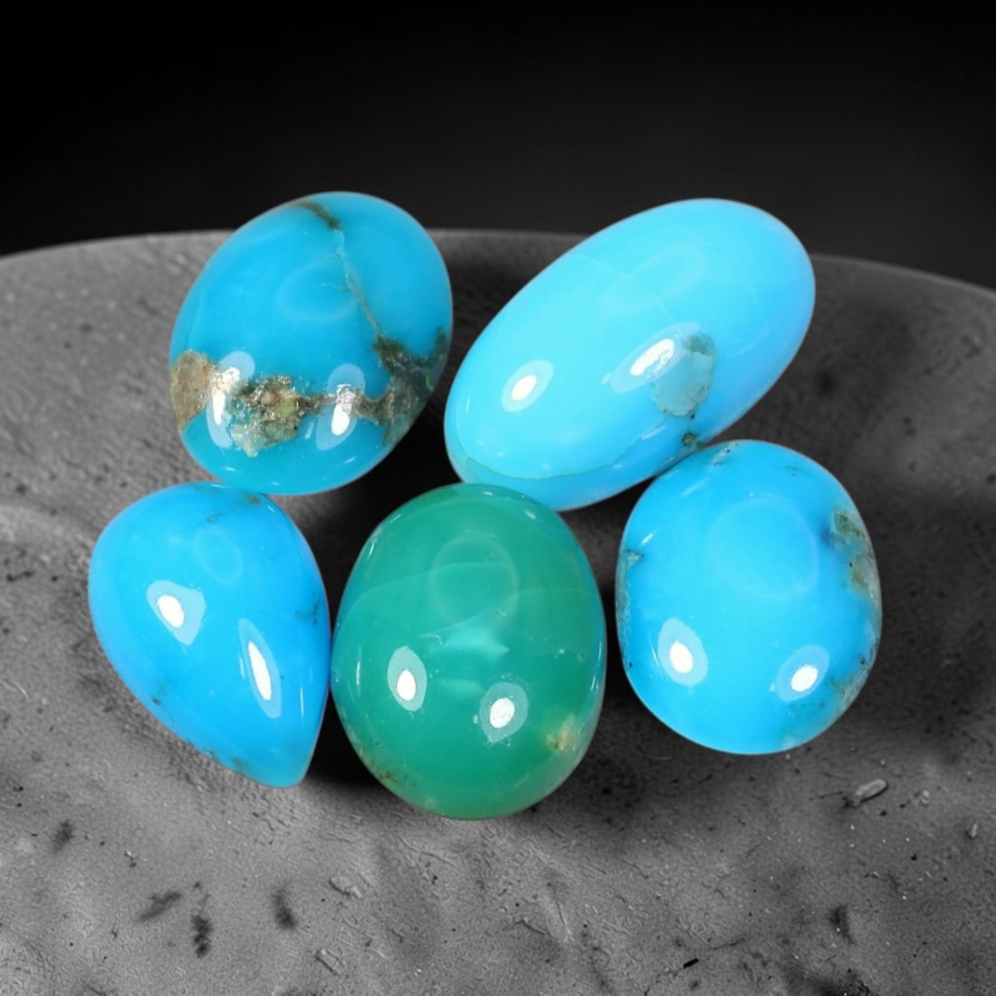 4.43ct 5pcs Natural Sleeping Beauty Turquoise Cabochon Set, 37XZ: Complete matching set of hand polished Sleeping Beauty turquoise cabochons, featuring iconic vivid sky-blue saturated body color dotted with natural muted golden-brown matrix speckles and minor minera