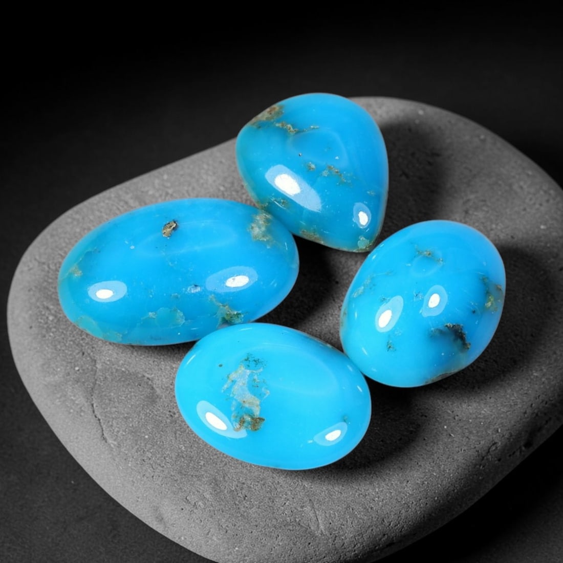 3.56ct 4pcs Natural Sleeping Beauty Turquoise Cabochon Set, 38XZ: Complete matching set of hand polished Sleeping Beauty turquoise cabochons, featuring iconic vivid sky-blue saturated body color dotted with natural muted golden-brown matrix speckles and minor minera