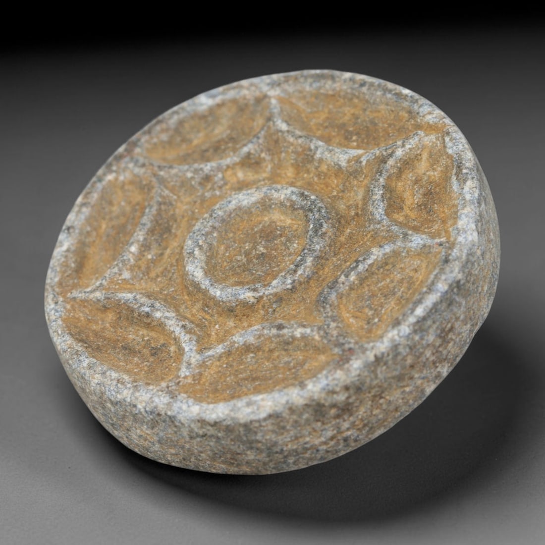 Ancient Near Eastern Hand Carved Schist Protective Amulet, 51WT: Compact antique wearable sacred talisman hand hewn from natural speckled schist metamorphic stone, originating from the broad cultural sphere of the Ancient Near East. Schist was a staple carving mine