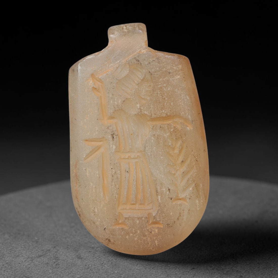 Ancient Sasanian Hand Engraved Chalcedony Plaque Amulet, 38WT: Mid-sized antique wearable sacred tablet expertly carved from natural translucent chalcedony mineral, originating from ancient Sasanian Persian cultural and devotional craft traditions. Chalcedony was