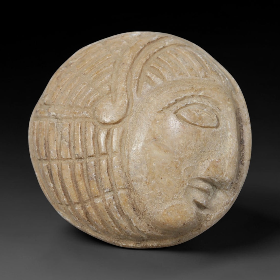 Ancient Medieval Egyptian Hand Carved Steatite Intaglio Amulet, 5WT: Round antique solid sacred artifact hand-fashioned from natural soft steatite stone, originating from Medieval Egyptian Nile Valley devotional and craft traditions. Steatite was an essential carving m