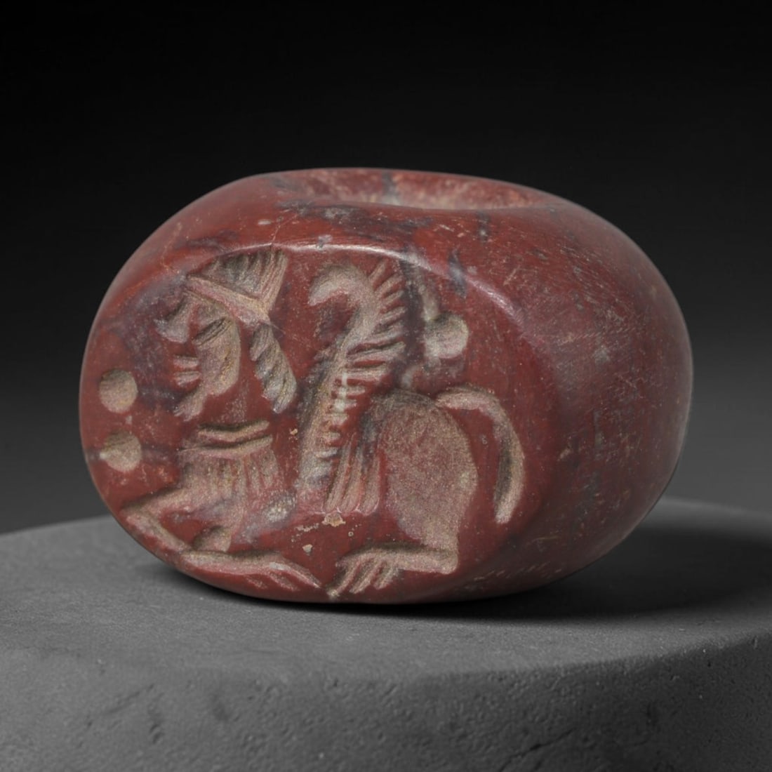 Ancient Sasanian Hand Engraved Steatite Stamp Seal Talisman, 11WT: Miniature antique perforated sealing artifact hand-carved from dense natural steatite soft stone, originating from the wide-reaching cultural and administrative traditions of the Sasanian Persian Empi