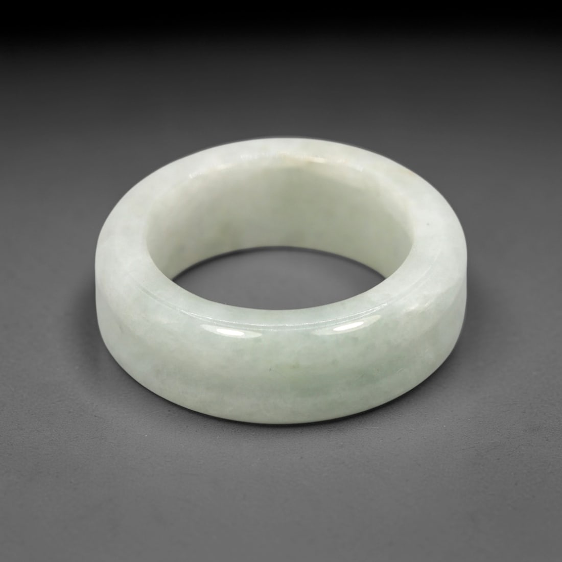 Natural Burmese Type A Jadeite Jade Double Grooved Band Ring Size US 8, 19XN: Hand-carved solid band ring crafted from genuine untreated Burmese Type A jadeite jade, presenting a soft pale misty celadon green tone with subtle natural faint grey cloud-like inclusions flowing eve