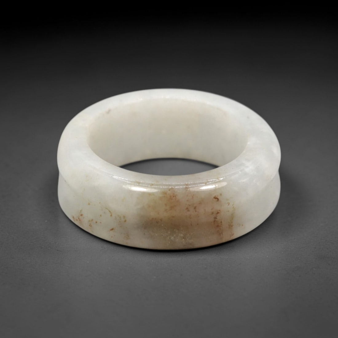 Natural Burmese Type A Jadeite Jade Double Grooved Band Ring Size US 7.5, 21XN: Hand-carved solid band ring crafted from genuine untreated Burmese Type A jadeite jade, presenting a soft pale misty celadon green tone with subtle natural faint grey cloud-like inclusions flowing eve