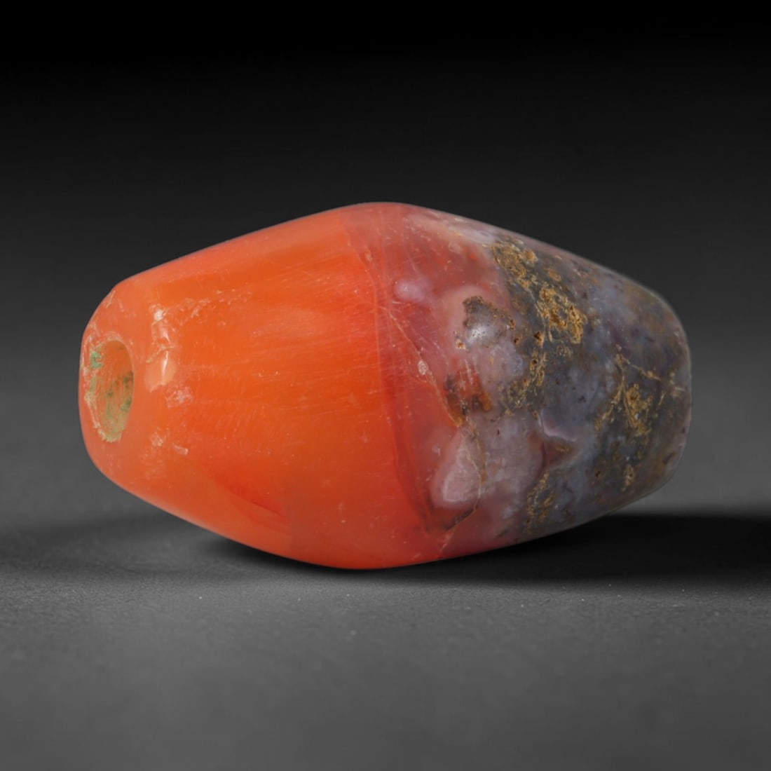 Ancient Indus Valley / Harappan Civilization Banded Agate Barrel Bead (2600-1900 BCE), 71XD: This antique banded agate barrel bead originates from the Indus Valley / Harappan Civilization, the ancient South Asian hub that perfected heat-treated carnelian agate bead crafting, chemical band etc