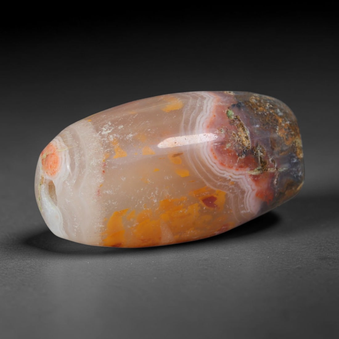 Ancient Neo-Hittite / Anatolian Bronze Age Cultures Banded Agate Barrel Bead (2000-700 BCE), 96XD: This antique banded agate barrel bead originates from Neo-Hittite / Anatolian Bronze Age Cultures, skilled Anatolian craftspeople who created distinctive inclusion-rich agate beads as elite grave good