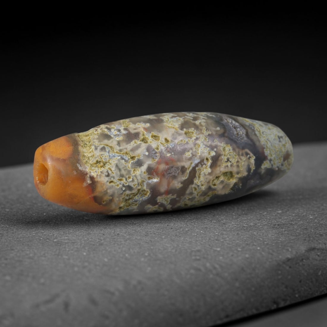 Ancient Kushan Empire Moss Agate Cylinder Trade Bead (30 BCE-375 CE), 91XD: This antique moss agate cylinder bead originates from the Kushan Empire, the great crossroads Central Asian civilization that unified Silk Road bead production between India, Persia, and China. The be