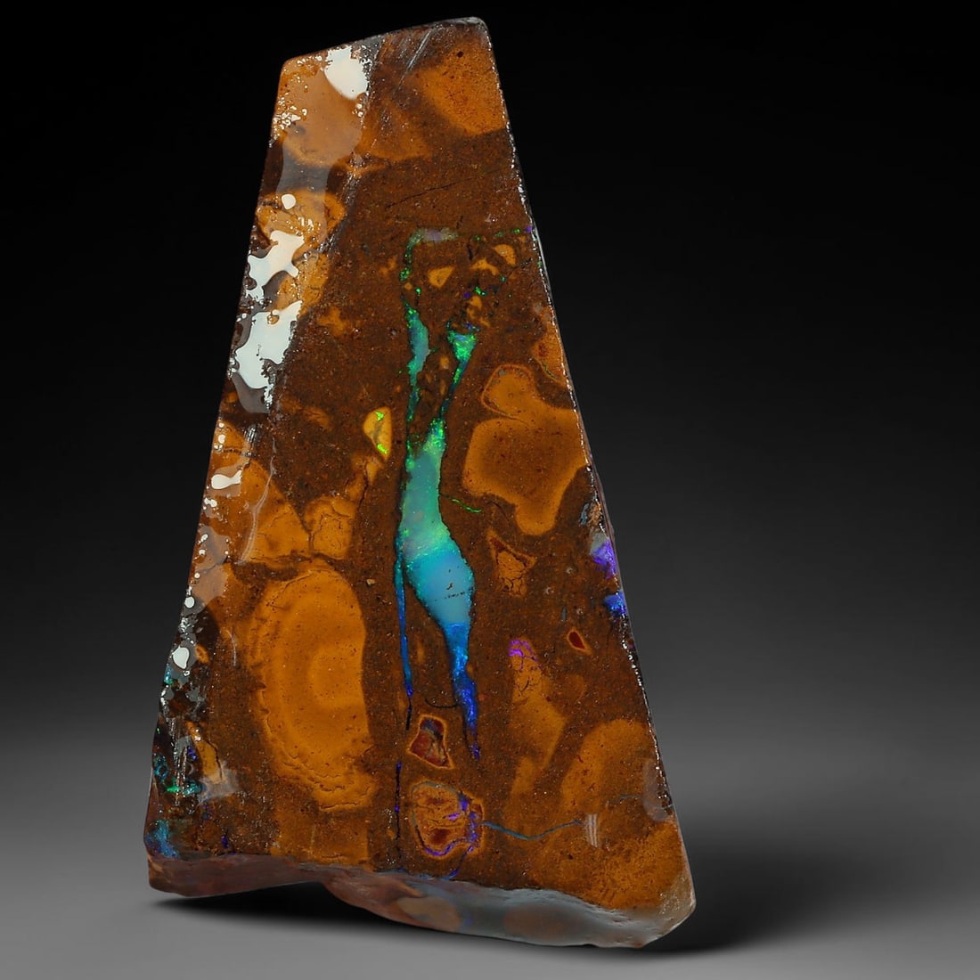 37.80ct Natural Australian Queensland Boulder Opal Sliced Slab Cutting Rough, 41YP: Natural sliced slab rough of Queensland boulder opal cutting grade, featuring rich color ironstone matrix with patterns. The face clearly reveals extensive opal veining and pocket formations running t