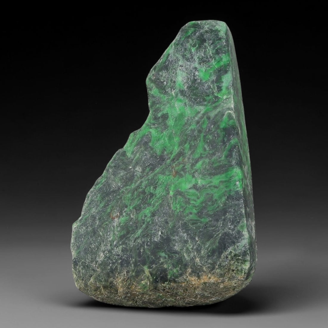 102ct Natural Type A Burmese Jadeite Jade Sliced Rough, 43YK: This specimen is a sliced rough block of natural Type A Burmese jadeite jade. The interior displays natural colour zoning with visible mineral veining and crystalline patterns typical of unprocessed j
