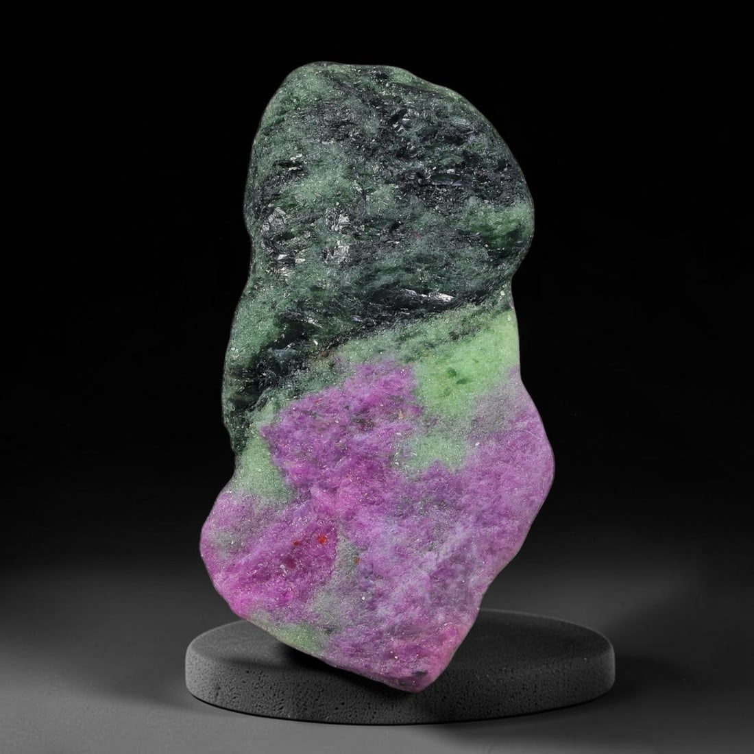 78ct Natural Tanzanian Ruby Zoisite Raw Rough Specimen Mineral Stone, 16YQ: This unpolished mineral rough is natural ruby zoisite sourced from Tanzania, exhibiting distinct banded mineral segregation of vibrant green zoisite, magenta ruby crystals, and dark hornblende inclusi