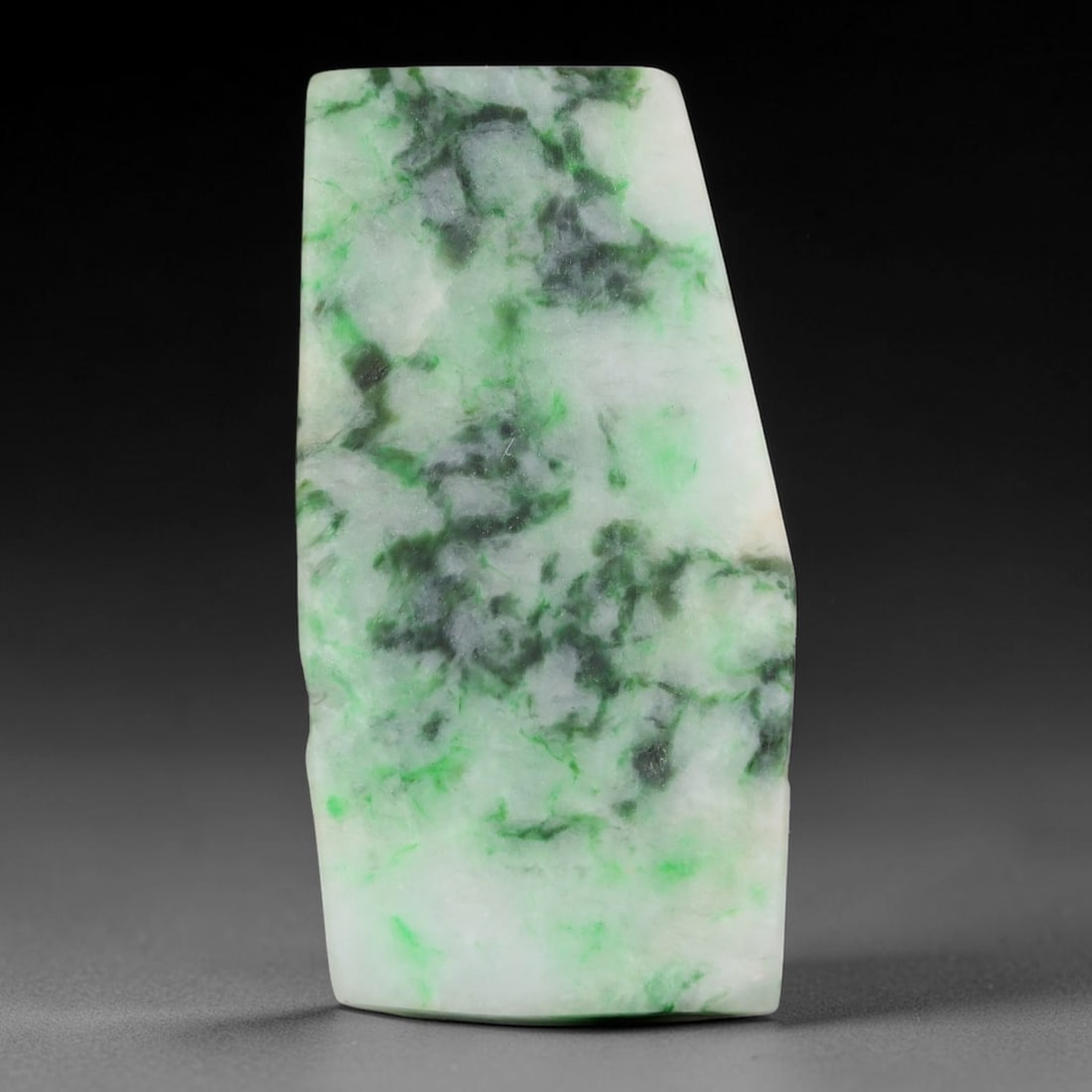 106ct Natural Type A Burmese Jadeite Jade Sliced Rough, 19YK: This specimen is a sliced rough block of natural Type A Burmese jadeite jade. The interior displays natural colour zoning with visible mineral veining and crystalline patterns typical of unprocessed j