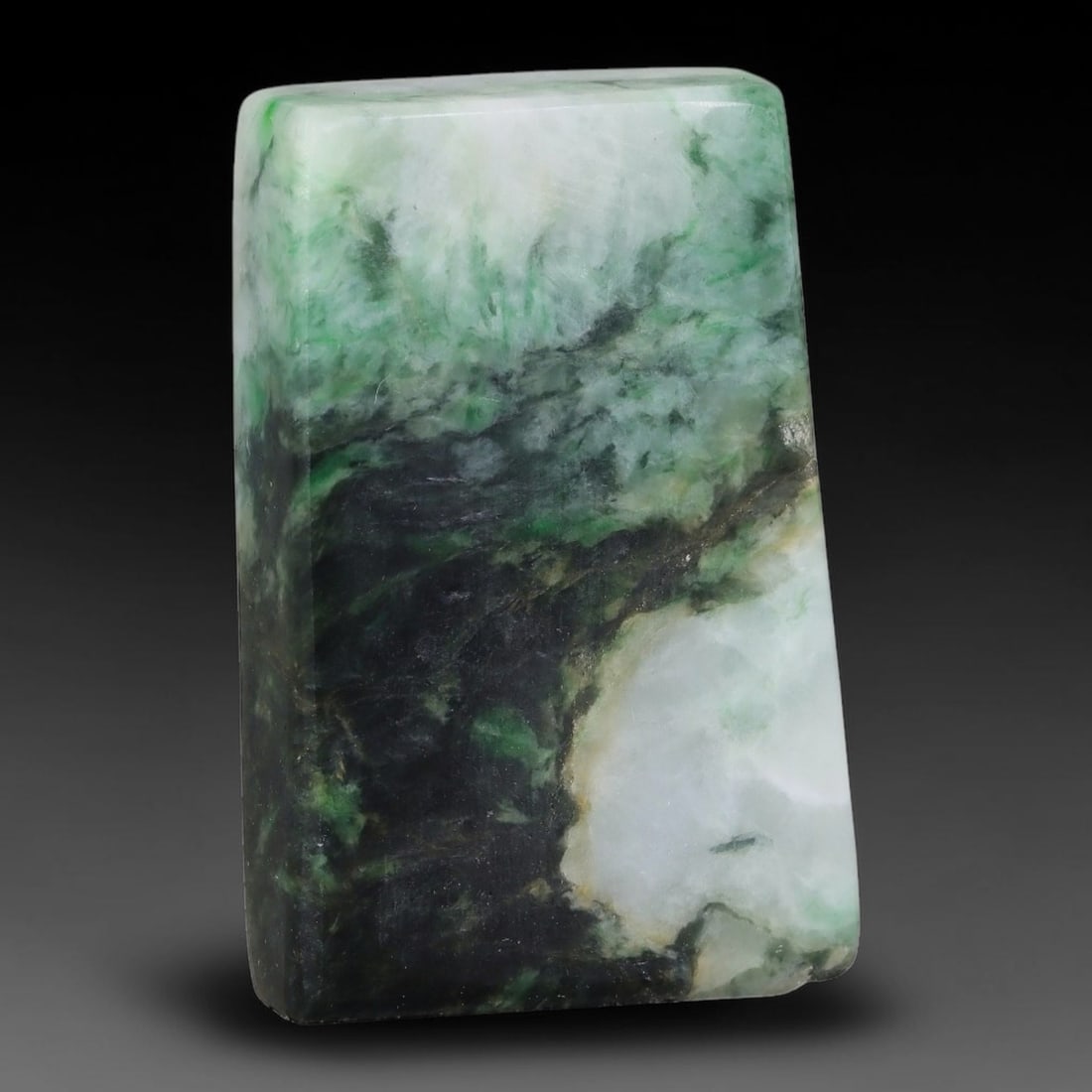 243ct Natural Type A Burmese Jadeite Jade Sliced Rough, 29YK: This specimen is a sliced rough block of natural Type A Burmese jadeite jade. The interior displays natural colour zoning with visible mineral veining and crystalline patterns typical of unprocessed j