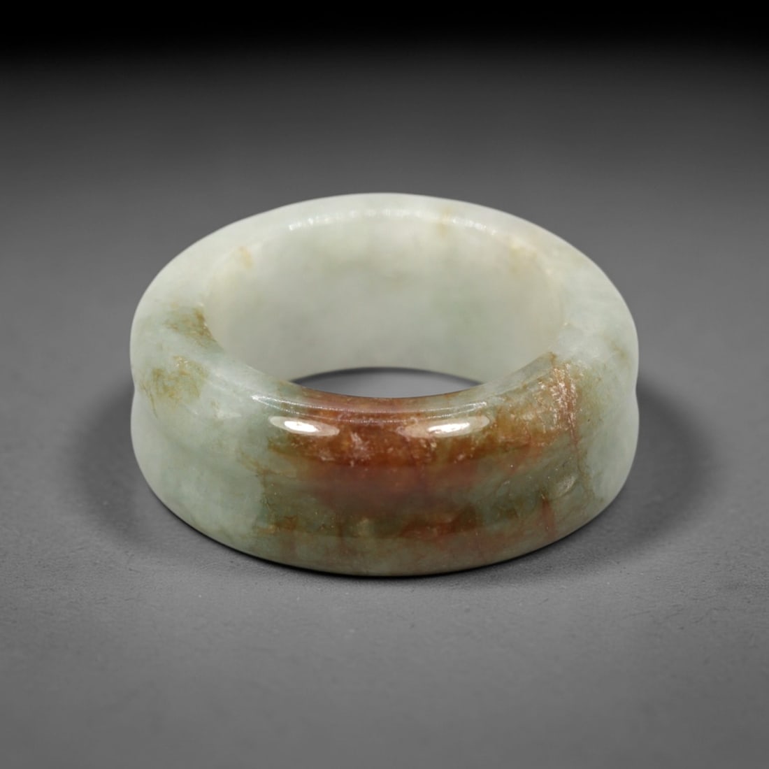 Natural Burmese Type A Jadeite Jade Double Grooved Band Ring Size US 8, 22XN: Hand-carved solid band ring crafted from genuine untreated Burmese Type A jadeite jade, presenting a soft pale misty celadon green tone with subtle natural faint grey cloud-like inclusions flowing eve