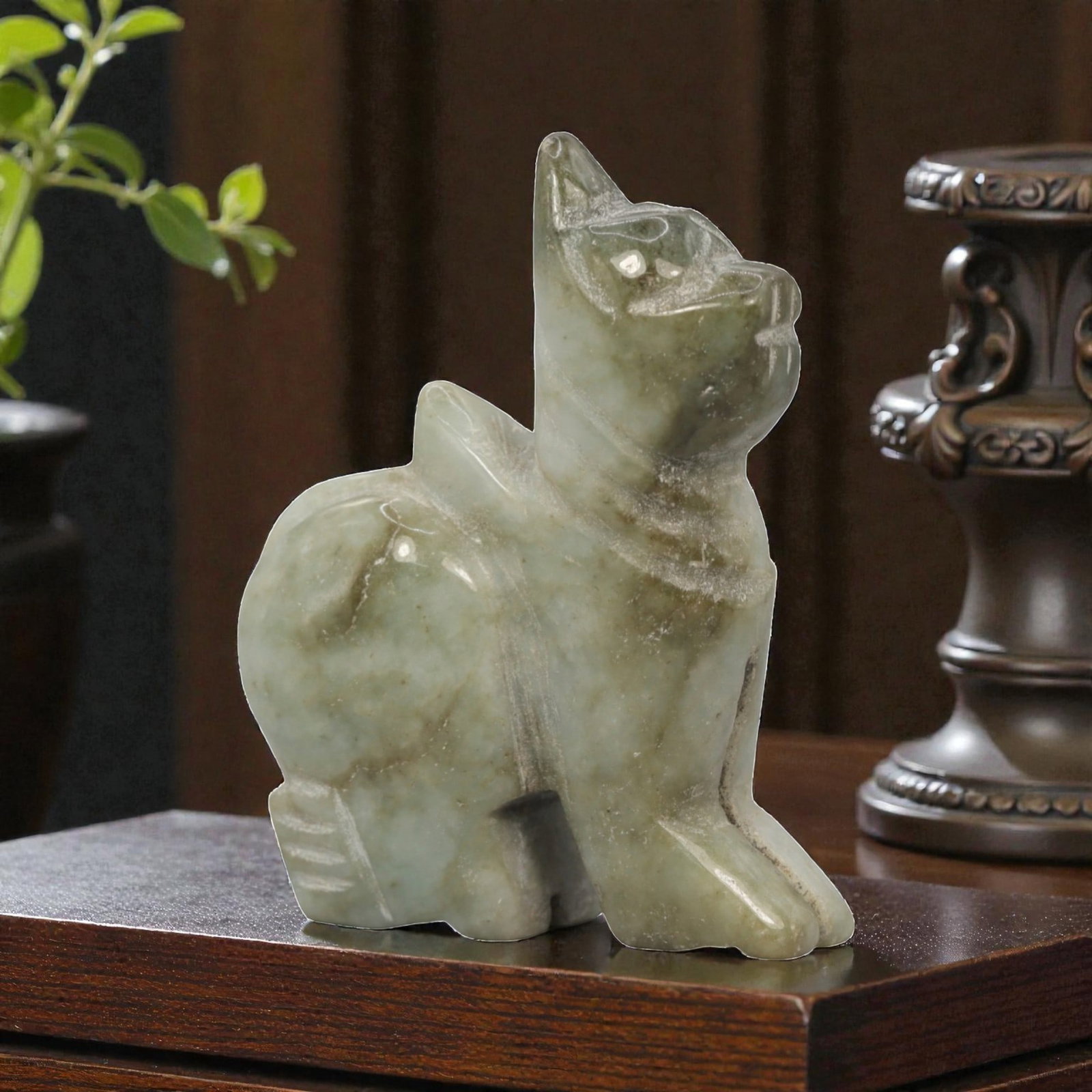 A Chinese Jadeite Jade Animal Figure, 20th Century, 13ZL: Carved from pale green jadeite with natural greyish-brown inclusions, the object is formed as a seated animal figure, likely a stylized cat or mythical beast. The figure is depicted with upright ears,