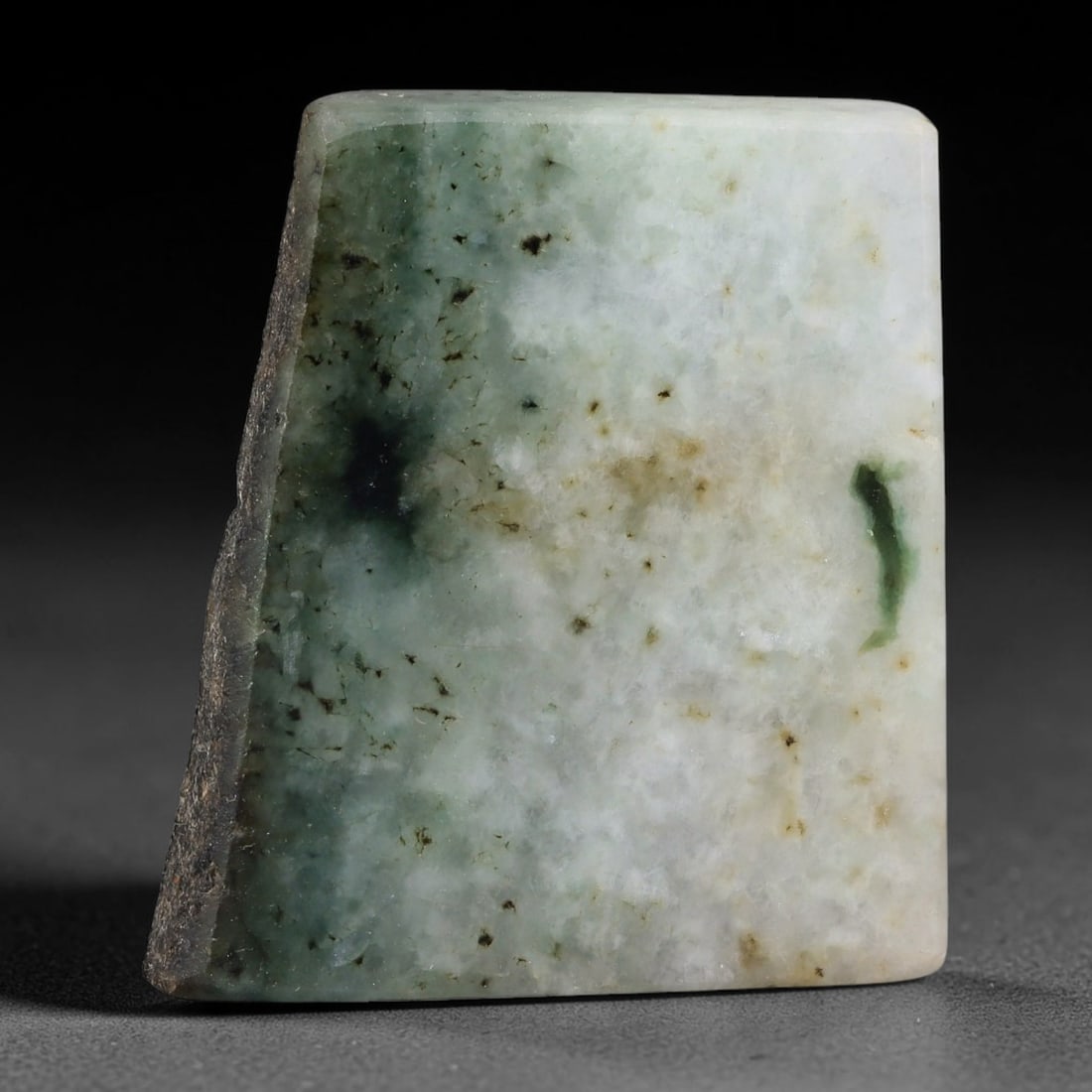 435ct Natural Type A Burmese Jadeite Jade Sliced Rough, 68YK: This specimen is a sliced rough block of natural Type A Burmese jadeite jade. The interior displays natural colour zoning with visible mineral veining and crystalline patterns typical of unprocessed j