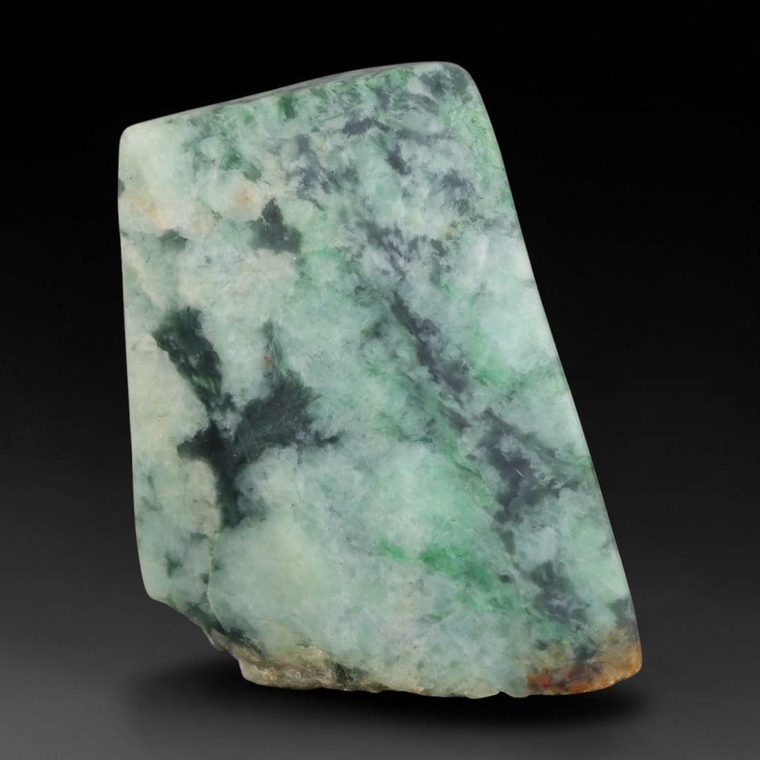 360ct Natural Type A Burmese Jadeite Jade Sliced Rough, 69YK: This specimen is a sliced rough block of natural Type A Burmese jadeite jade. The interior displays natural colour zoning with visible mineral veining and crystalline patterns typical of unprocessed j