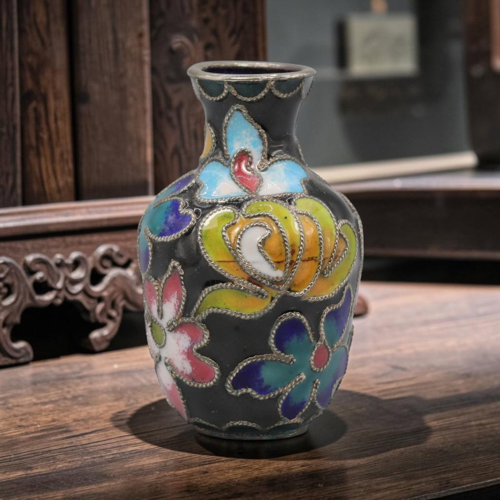 Vintage Chinese Copper Cloisonne Mini Vase - Floral Enamel Vessel, 25YF: Crafted from copper base metal with fine cloisonne wire filigree and hand-fired polychrome enamel glazes, this compact miniature vase showcases elegant traditional floral motifs across its exterior. D