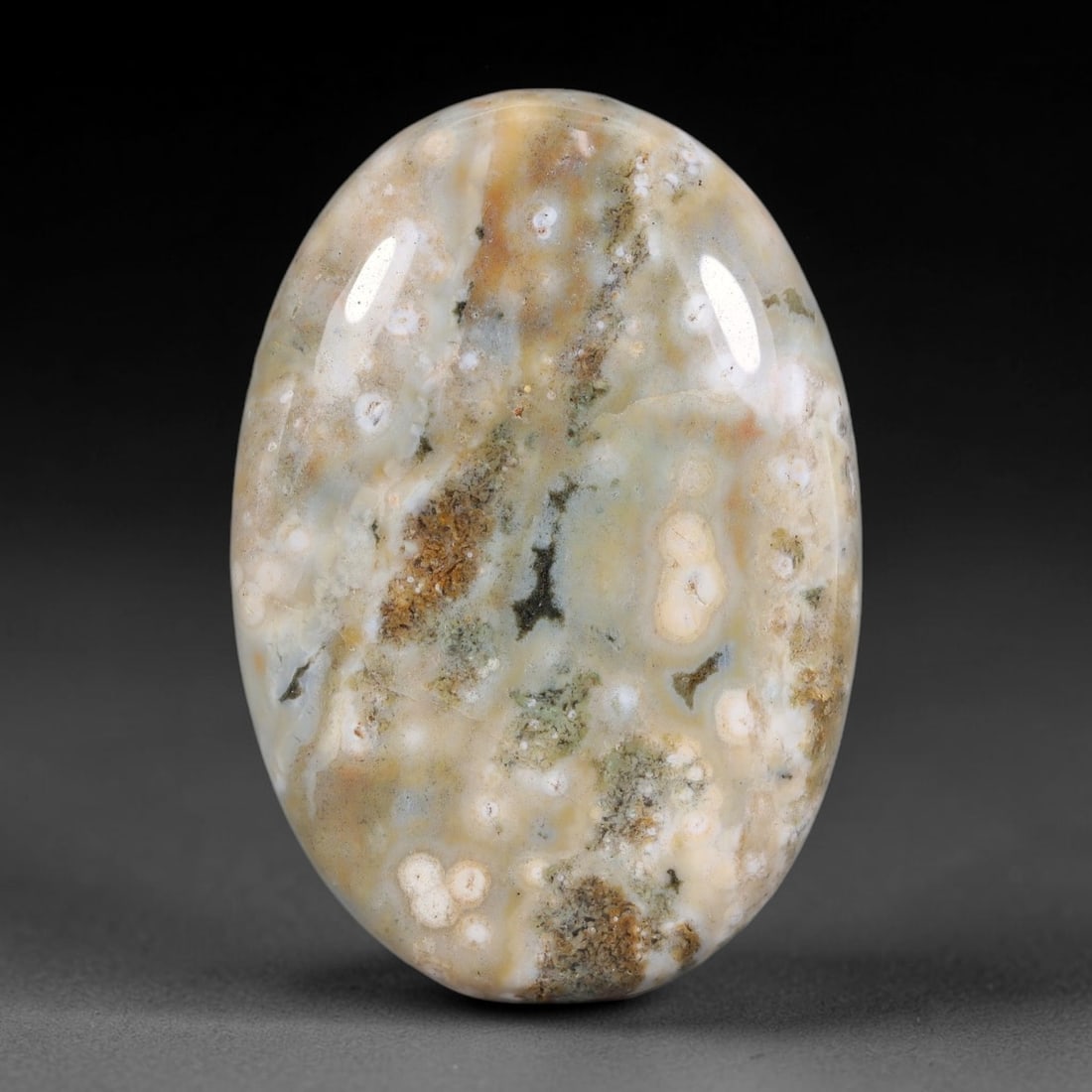 65.64 Carats Natural Ocean Jasper Oval Cabochon Gemstone, 28XZ: Come take a look at this gorgeous polished oval ocean jasper cabochon, packed with one-of-a-kind orbicular patterning all across its domed face. This smoothly domed oval cab measures 41.4x28.6x6.7mm a