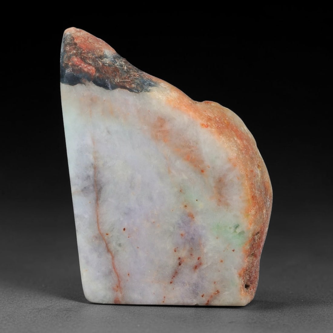 535ct Natural Type A Burmese Jadeite Jade Sliced Rough, 72YK: This specimen is a sliced rough block of natural Type A Burmese jadeite jade. The interior displays natural colour zoning with visible mineral veining and crystalline patterns typical of unprocessed j