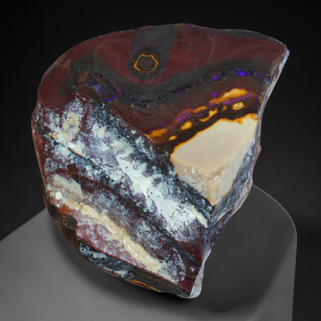 119.87ct Natural Australian Queensland Boulder Opal Sliced Slab Cutting Rough, 74YP: Natural sliced slab rough of Queensland boulder opal cutting grade, featuring rich color ironstone matrix with patterns. The face clearly reveals extensive opal veining and pocket formations running t