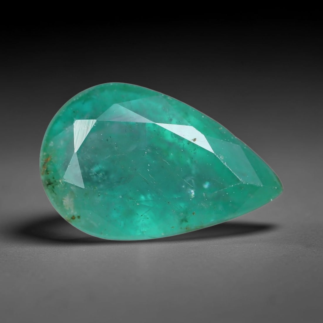 2.74 Carats Natural Zambian Lush Teal Green Pear Faceted Emerald Loose Gemstone, 27XV: Natural rich translucent teal-green Zambian emerald precision pear brilliant faceted loose gemstone, mixed pear cut facets create soft luminous light dispersion, showcasing a vivid natural grass-green