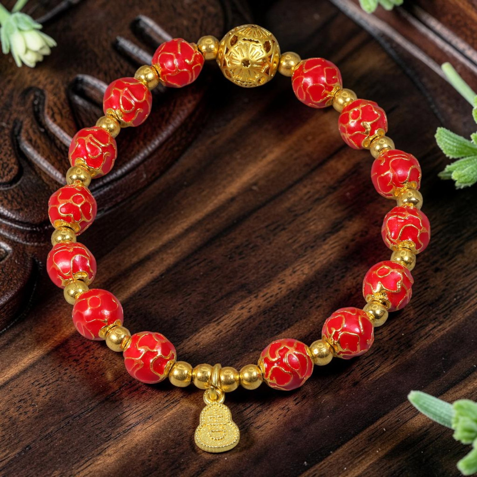 Chinese Cloisonne Enamel Beaded Bracelet - Red Gold Gourd Blessing Charm, 69YG: This modern Chinese revival stretch bracelet features round cloisonne enamel beads measuring 7.70 millimeters, coated in vivid scarlet red enamel decorated with raised gold-tone swirling cloud wirewor