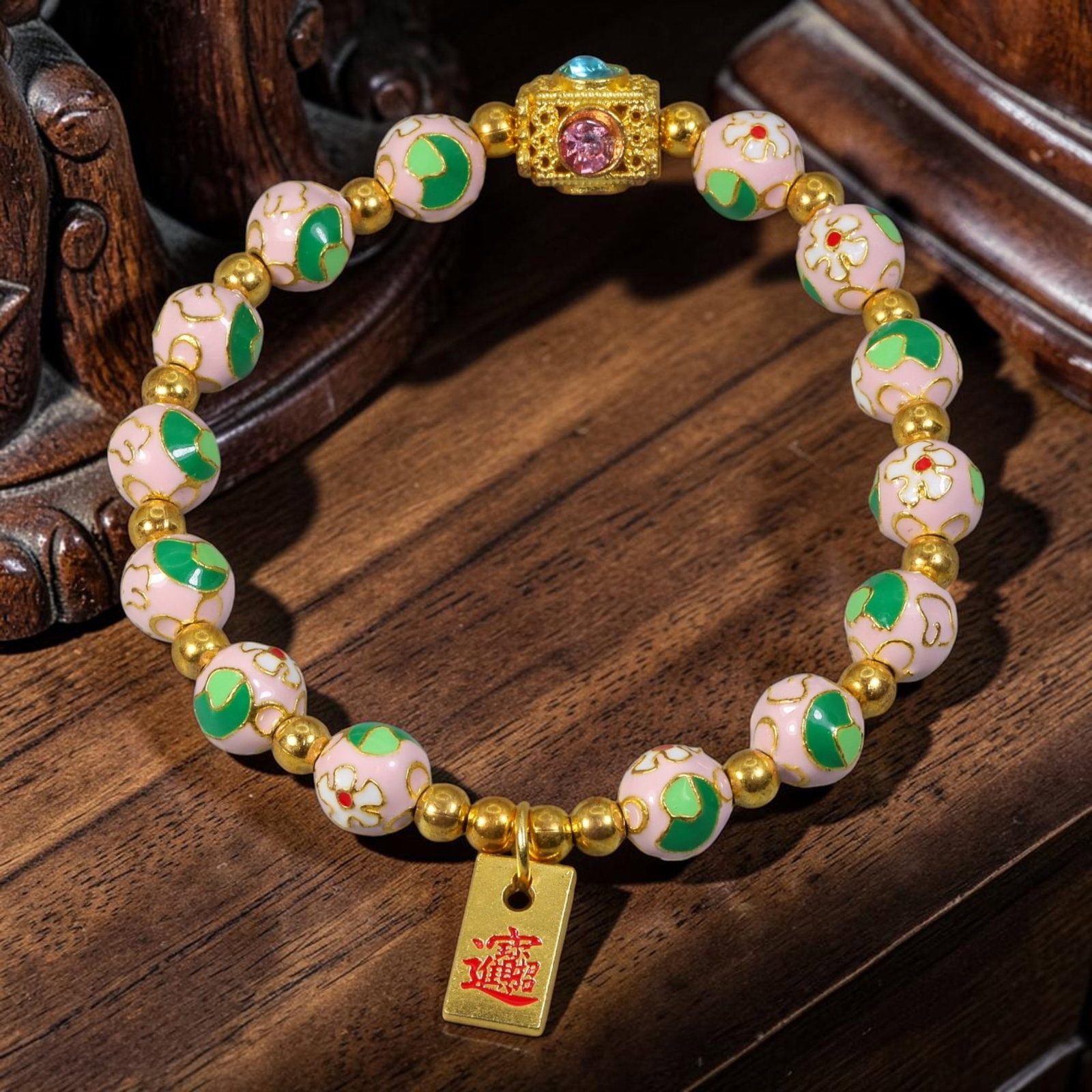 Chinese Cloisonne Enamel Beaded Bracelet - Large Pink Floral Gold Wealth Fortune Tag Charm, 58YG: This modern Chinese revival stretch bracelet features oversized round cloisonne enamel beads measuring 12.80 millimeters, crafted with soft blush pink enamel base decorated with two alternating decora