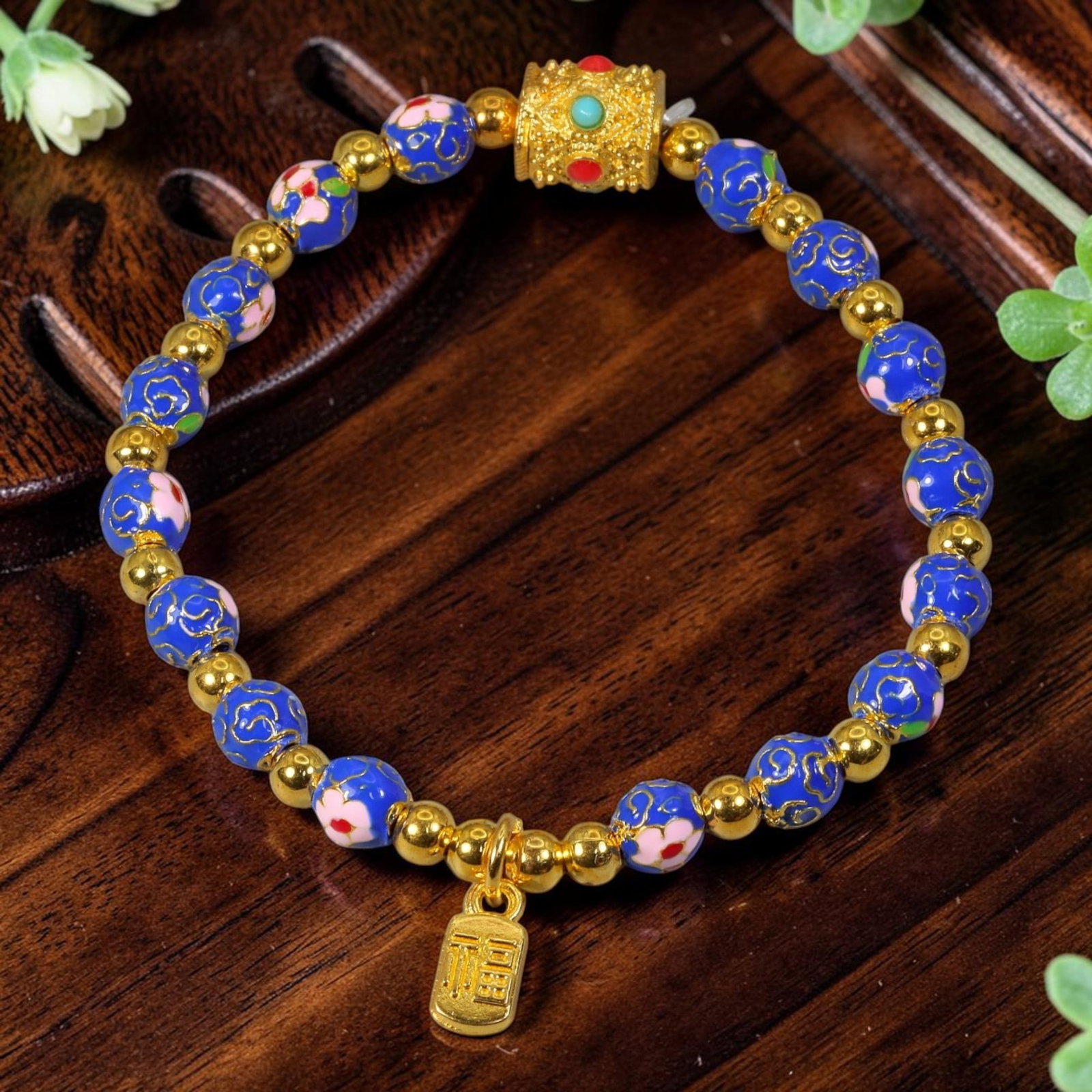 Chinese Cloisonne Enamel Beaded Bracelet - Blue Gold Fortune Tag Charm, 72YG: This modern Chinese revival stretch bracelet features small round cloisonne enamel beads measuring 5.70 millimeters, finished in rich royal blue enamel with alternating raised gold-tone cloud scrollwo