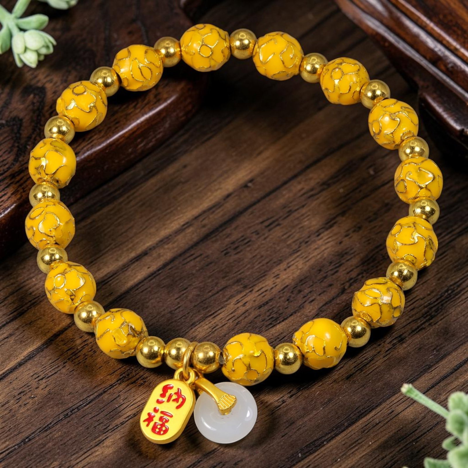Chinese Cloisonne Enamel Beaded Bracelet - Golden Yellow Jade Peace Buckle Fortune Charm, 68YG: This modern Chinese revival stretch bracelet features round cloisonne enamel beads measuring 8.00 millimeters, finished in vibrant golden yellow enamel decorated with raised gold-tone swirling cloud w