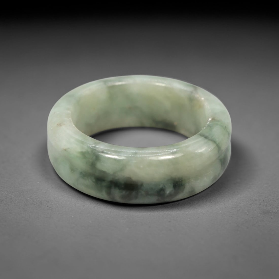 Natural Burmese Type A Jadeite Jade Double Grooved Band Ring Size US 8, 20XN: Hand-carved solid band ring crafted from genuine untreated Burmese Type A jadeite jade, presenting a soft pale misty celadon green tone with subtle natural faint grey cloud-like inclusions flowing eve