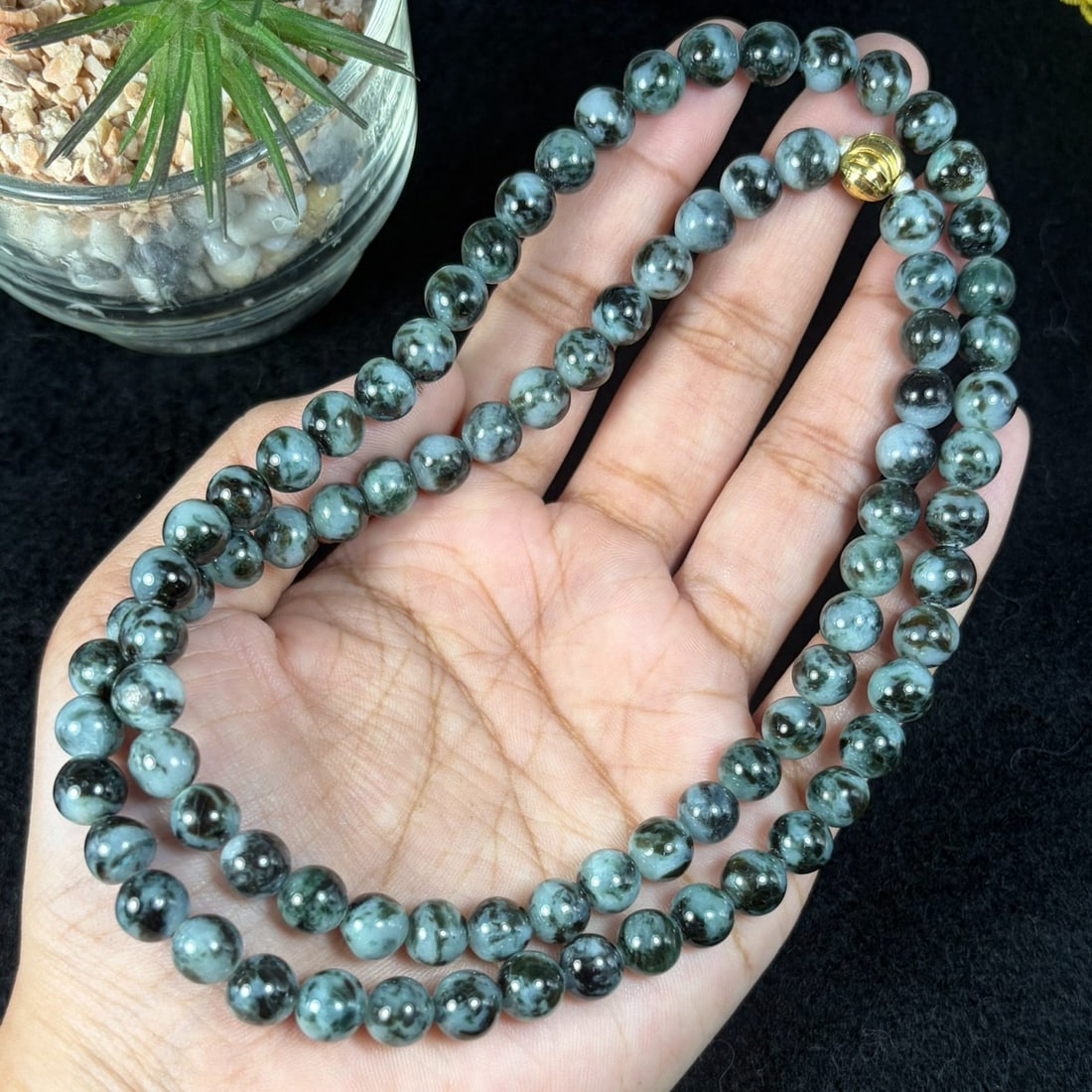Natural Burmese Type A Ink Black Floating Jadeite Beaded Necklace, 16YM: Hand-strung natural Burmese Type A jadeite round beads featuring striking ink-black cloud-like mottling scattered over a pale blue-grey translucent base, presenting an exquisite ink-wash moss-in-snow 