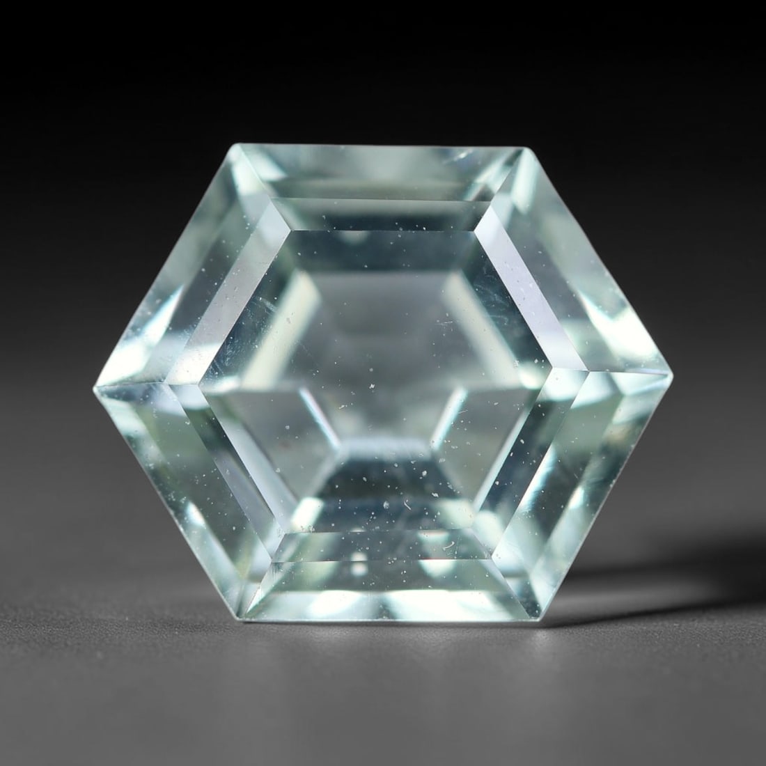 4.11 Carats Natural Pale Mint Green Hexagonal Step Cut Green Amethyst Loose Gemstone, 33XV: Natural transparent soft mint green prasiolite (green amethyst) precision hexagonal step cut loose gemstone, geometric layered parallel facets deliver crisp clean light refraction, showcasing a faint 