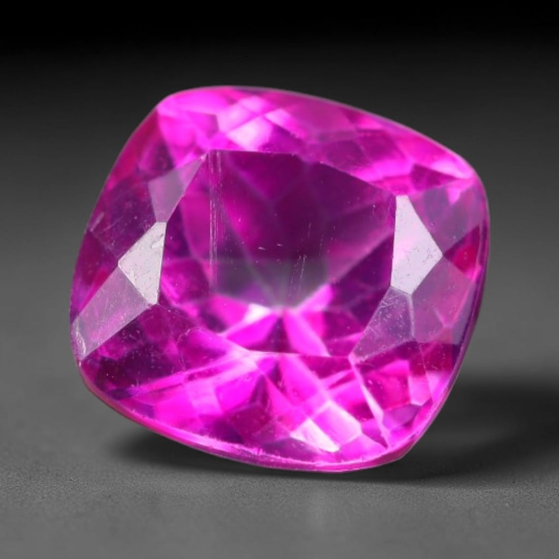 5.89 Carats Natural Vivid Pink Topaz Cushion Faceted Loose Gemstone, 10WS: This luminous cushion faceted pink topaz features vivid saturated hot pink hue shining through neatly polished facets, with faint minor natural internal fine textures visible within the clear crystal 