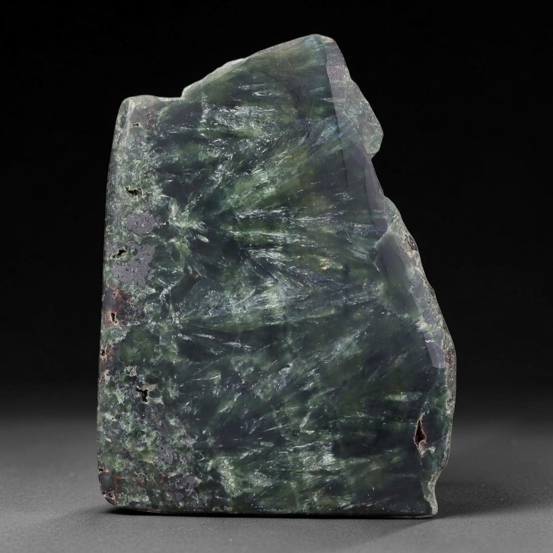 80ct Natural Siberian Seraphinite Polished Rough Slab, 26WV: This polished mineral slab is natural seraphinite originating from Siberian deposits, displaying characteristic radiating crystalline fibrous formations with layered deep forest and silvery green band