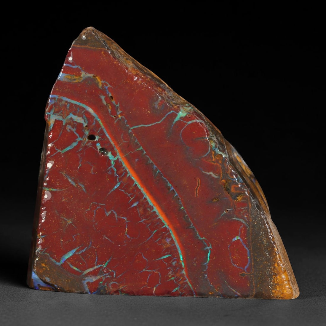 57.70ct Natural Australian Queensland Boulder Opal Sliced Slab Cutting Rough, 39YL: Natural sliced slab rough of Queensland boulder opal cutting grade, featuring rich color ironstone matrix with patterns. The face clearly reveals extensive opal veining and pocket formations running t