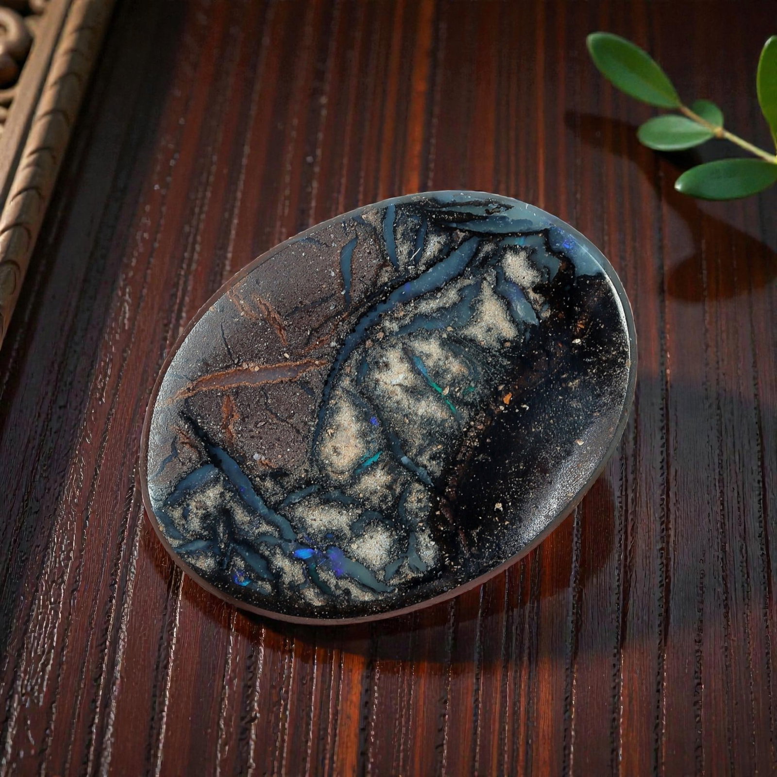3.28 Carats Koroit Yowah Opal Cabochon - Natural Australian Single Stone, 88XL: This distinctive Koroit Yowah opal cabochon, calibrated to 12.2x9.1mm, features a dramatic tonal matrix of deep jet black and earthy chocolate brown, interwoven with striking veins of milky white and 