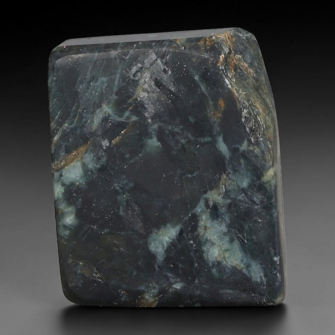 147ct Natural Type A Burmese Jadeite Jade Sliced Rough, 81YK: This specimen is a sliced rough block of natural Type A Burmese jadeite jade. The interior displays natural colour zoning with visible mineral veining and crystalline patterns typical of unprocessed j