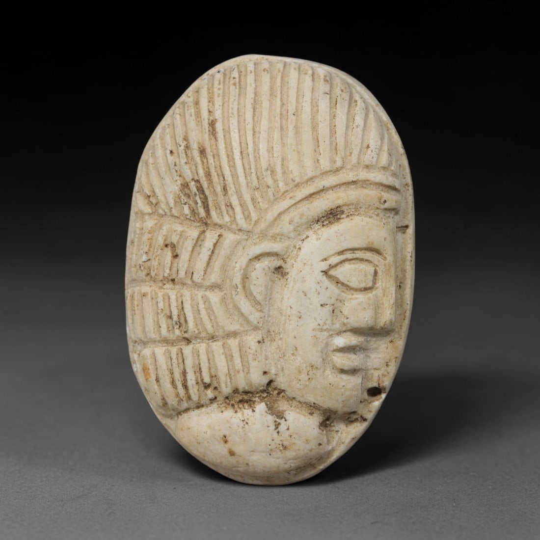 Ancient Medieval Egyptian Hand Carved Steatite Intaglio Amulet, 4WT: Round antique solid sacred artifact hand-fashioned from natural soft steatite stone, originating from Medieval Egyptian Nile Valley devotional and craft traditions. Steatite was an essential carving m