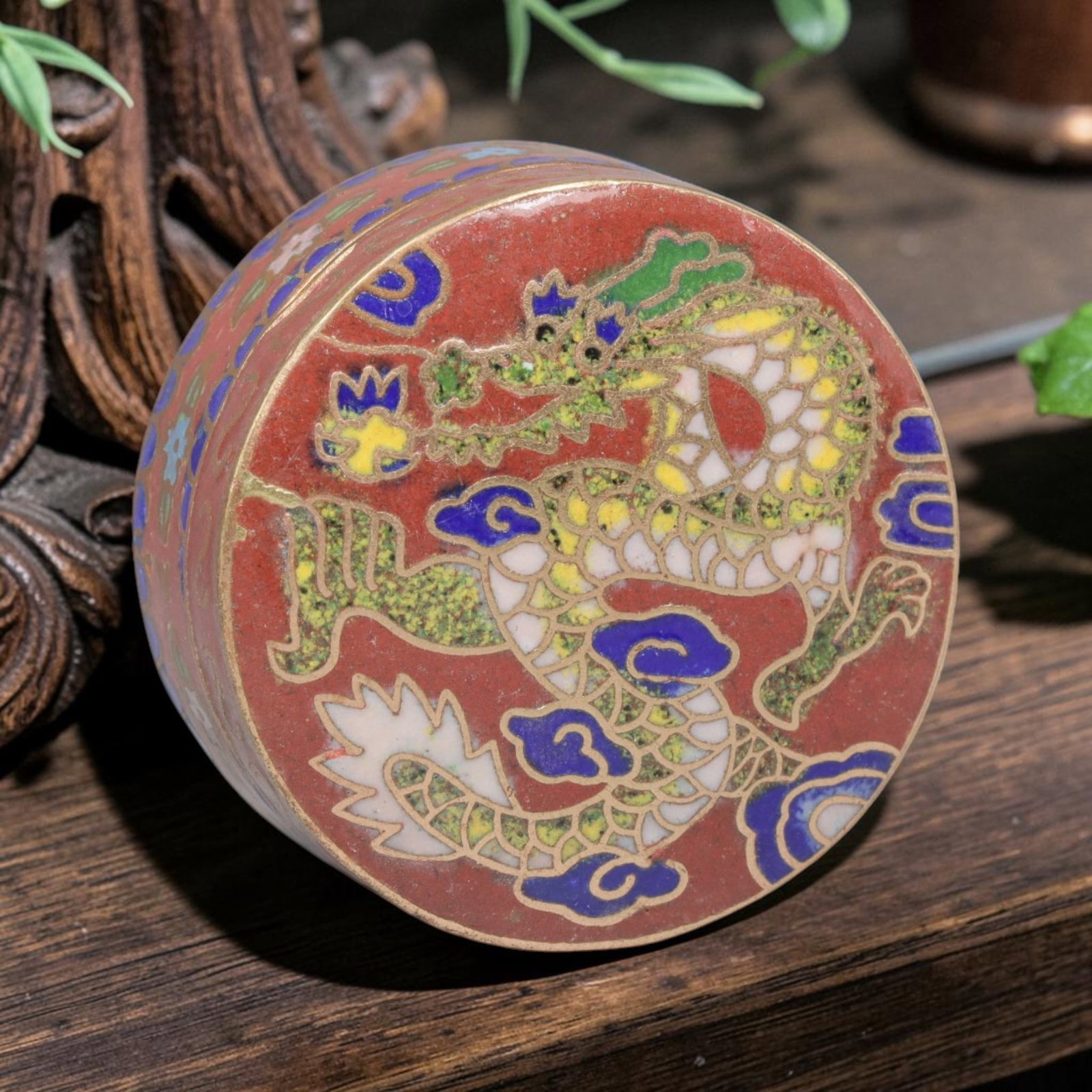 Vintage Chinese Copper Cloisonne Trinket Box - Dragon Motif Round Enamel Casket, 9YF: Crafted from a copper base with traditional cloisonne wirework and hand-fired polychrome enamel glazes, this round hinged miniature casket features a vibrant imperial dragon motif on its lid. The drag