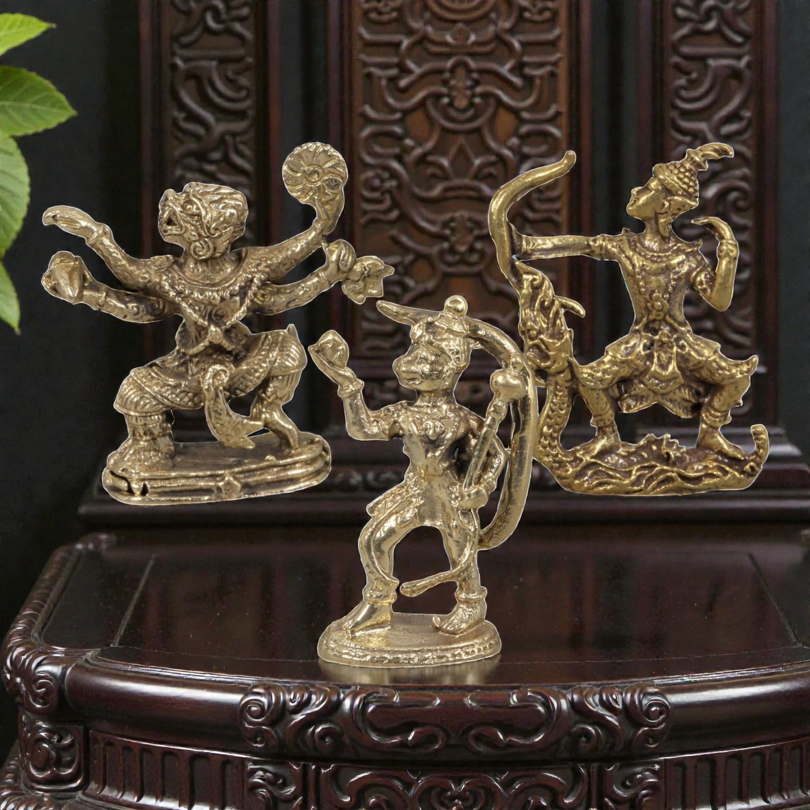 Thai Vintage Copper Alloy Ramakien Devotional Figures - 3pcs Set, 92ZB: This set of three devotional figures is crafted from copper alloy, exhibiting a warm aged patina and fine surface wear consistent with vintage Thai folk religious art. The pieces depict characters fro